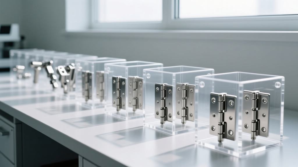 Organized kanban bins holding stainless steel hinges and heavy-duty latches for calf nursery kit manufacturing
