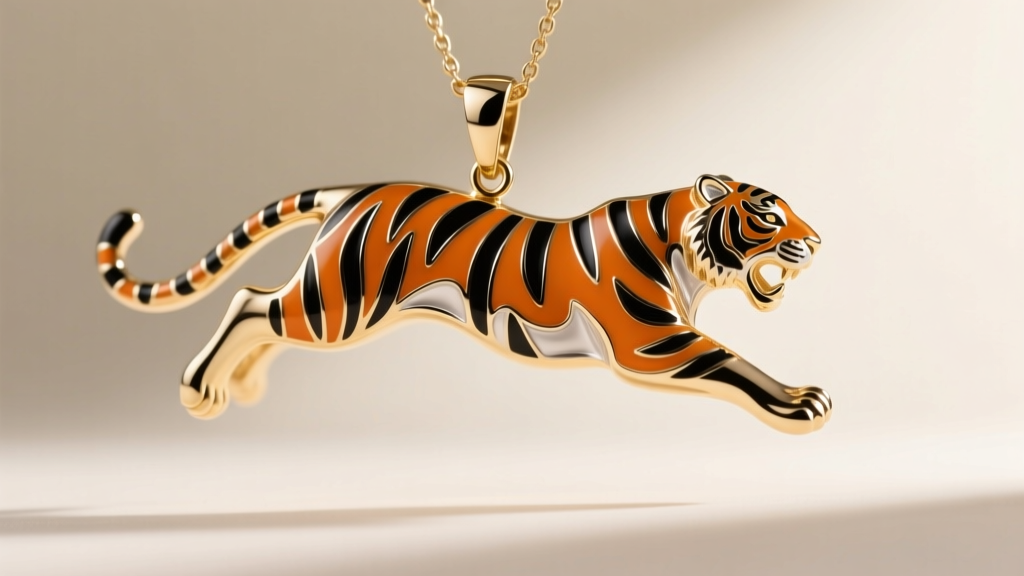 Close-up of a gold-plated sterling silver pendant shaped like a leaping tiger character with orange and black cold enamel on silk