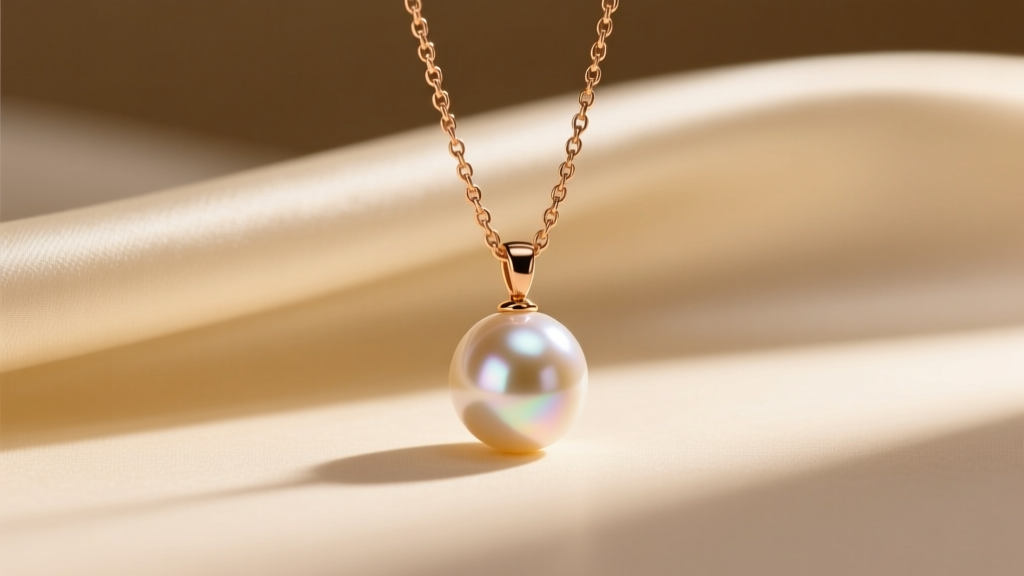 14k rose gold chain holding a lustrous white Akoya pearl pendant on cream silk, illuminated by soft warm studio lighting.