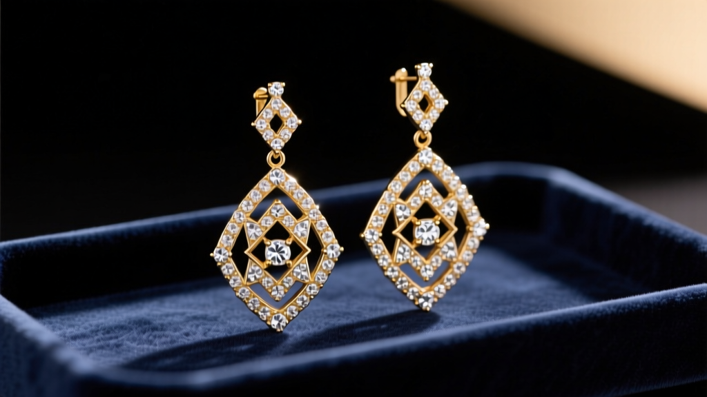 Vintage gold-tone Lia Sophia drop earrings with clear rhinestones on a dark velvet tray under soft, warm studio lighting