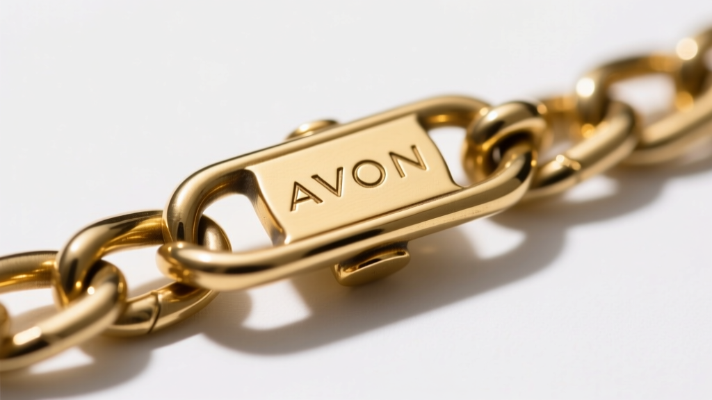 Macro shot of a vintage Avon gold-plated brass chain clasp revealing the AVON hallmark stamp under bright studio lighting.