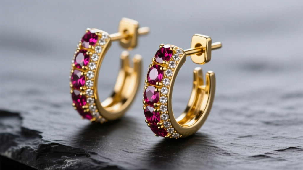 Macro shot of 14k yellow gold ruby huggie earrings on dark slate, highlighting pave ruby settings and the hinged clasp mechanism.
