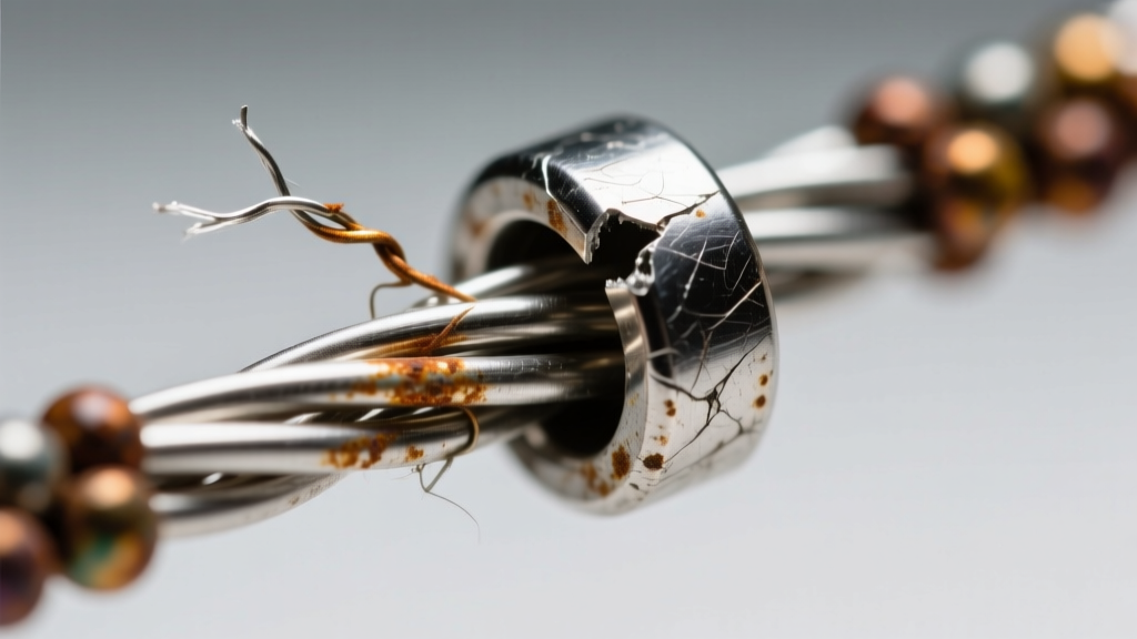 Extreme macro photo of a frayed 7-strand beading wire that has been cut by a sharp, low-quality base metal crimp bead edge.