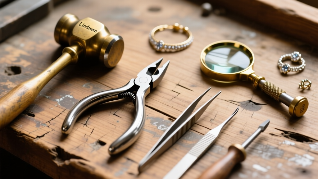 Flat lay of premium jewelry repair tools including Lindstrom pliers and a brass mallet on a scarred wooden jeweler's bench