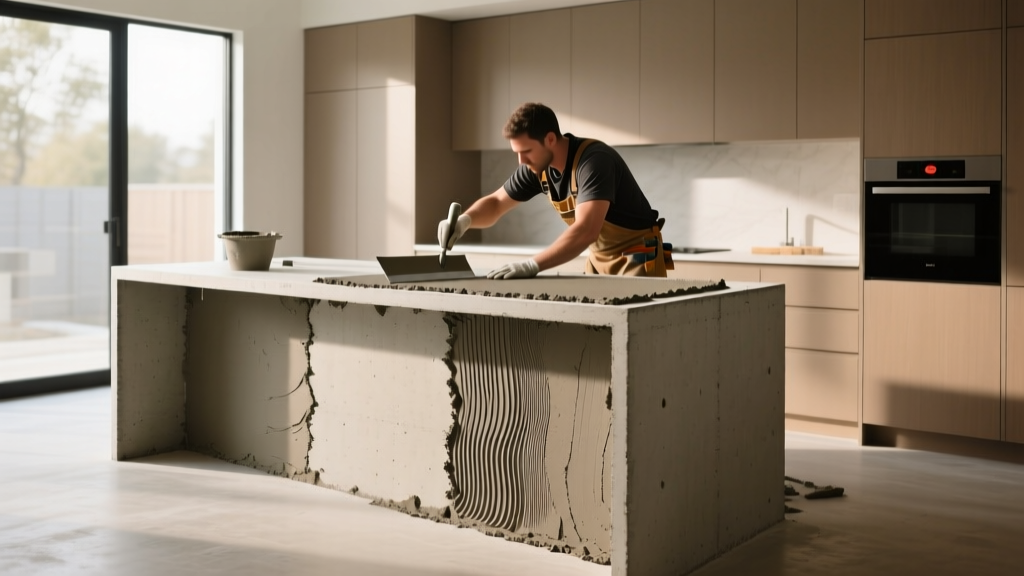 Mason applying scratch coat mortar to cement board substrate on a modern kitchen island frame before stone veneer installation.
