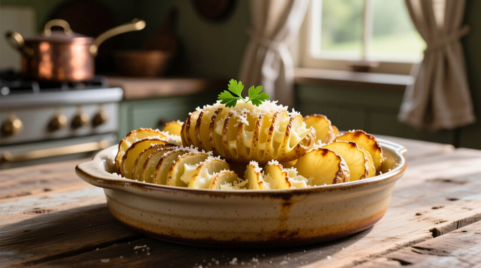 Golden scalloped potatoes in ceramic dish