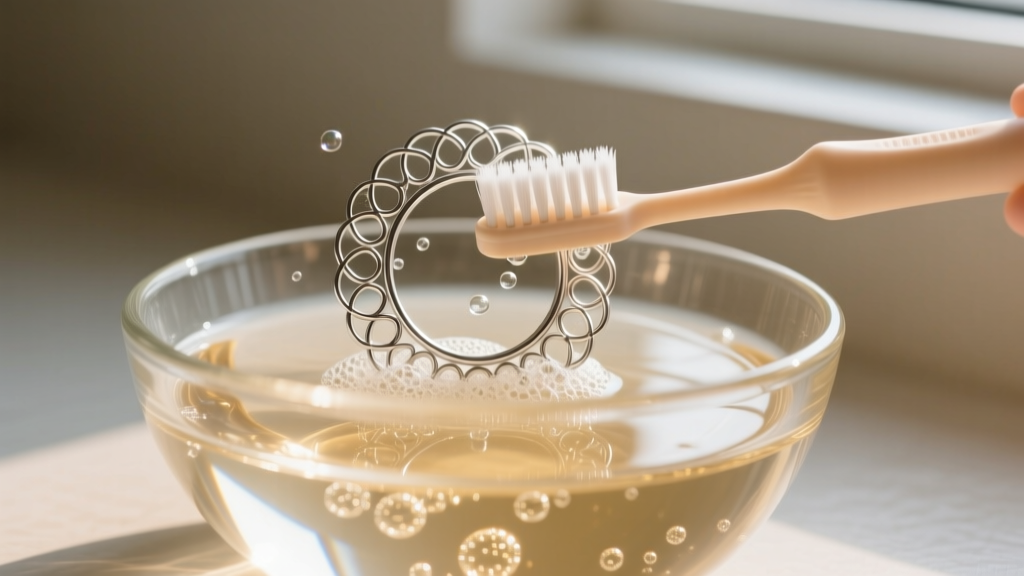 Soft baby toothbrush gently scrubbing silver filigree hoop wirework submerged in a glass bowl of warm soapy distilled water.