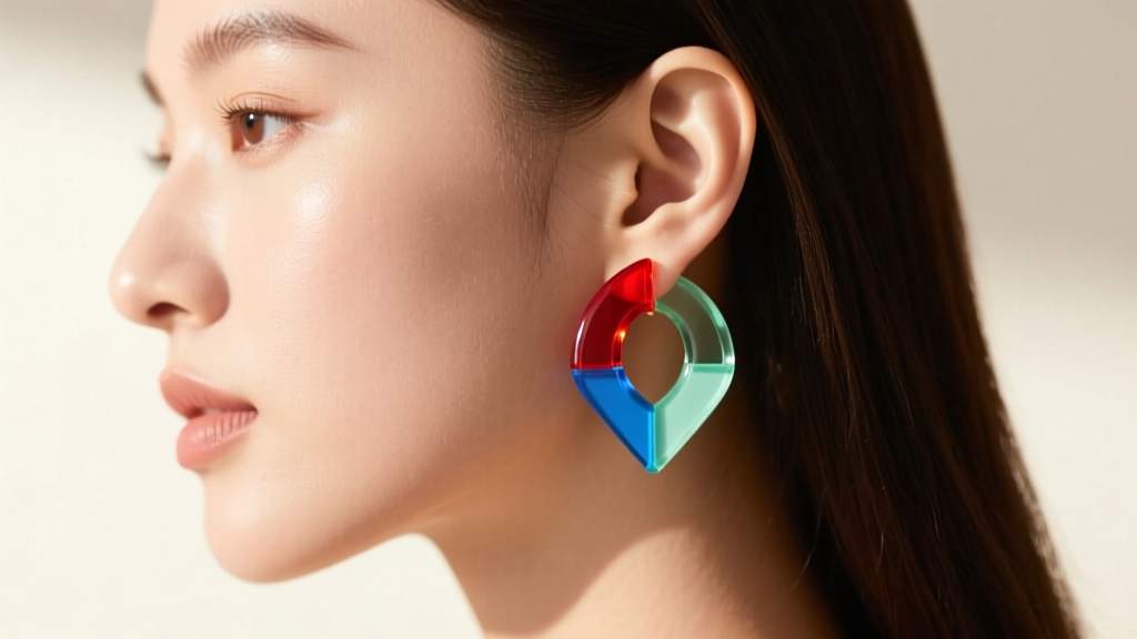Side profile of a woman wearing lightweight acrylic club-shaped huggie earrings, highlighting the comfortable fit on her earlobe.