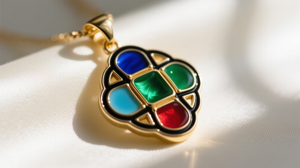 Macro shot of 14k gold vermeil champleve enamel pendant showing recessed black line-art borders and vibrant cold enamel fills.