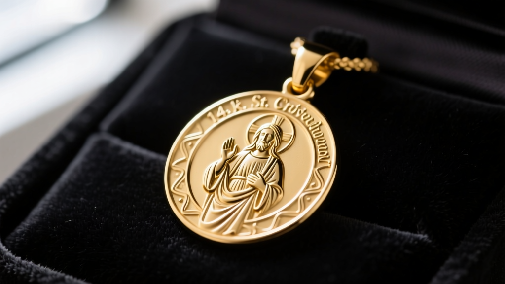 Close-up of a 14k gold St. Christopher medallion pendant on dark velvet, soft lighting highlighting intricate engraved details.