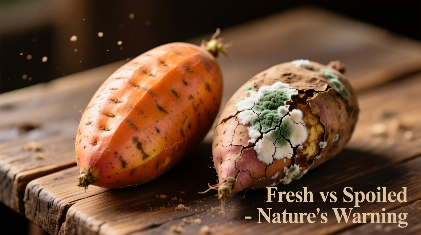 Close-up of fresh versus spoiled sweet potatoes side by side