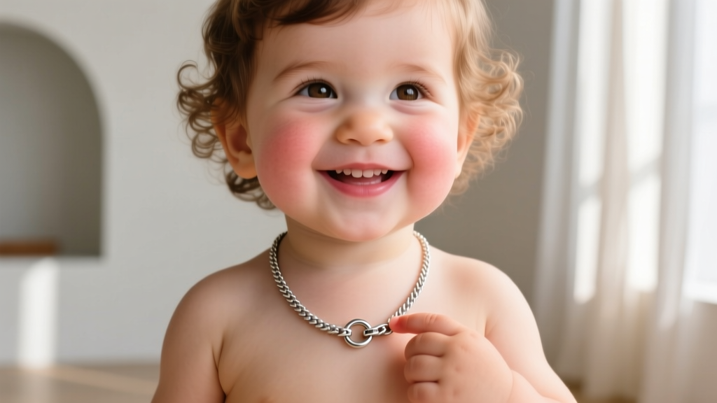 Toddler wearing a simple cable chain necklace with a magnetic breakaway clasp, demonstrating a safe and comfortable fit on the neck