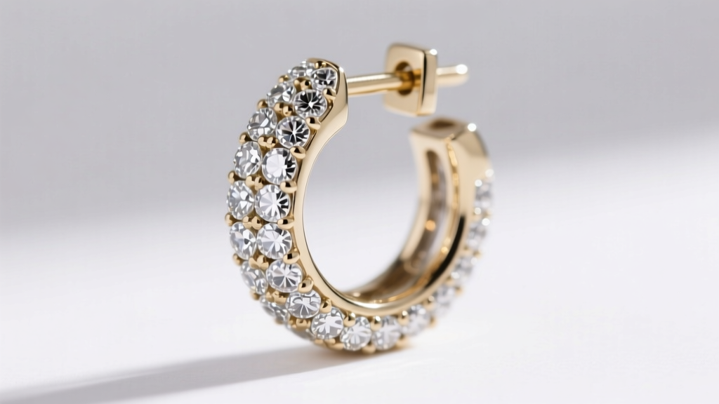Close-up of an 18K white gold huggie earring with pavé diamonds, highlighting the rhodium plating wear near the hinge clasp.