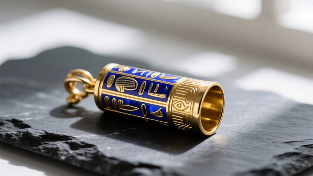 Gold vermeil Egyptian kohl tube pendant on dark slate, featuring lapis lazuli inlay and intricate hieroglyphic engravings.