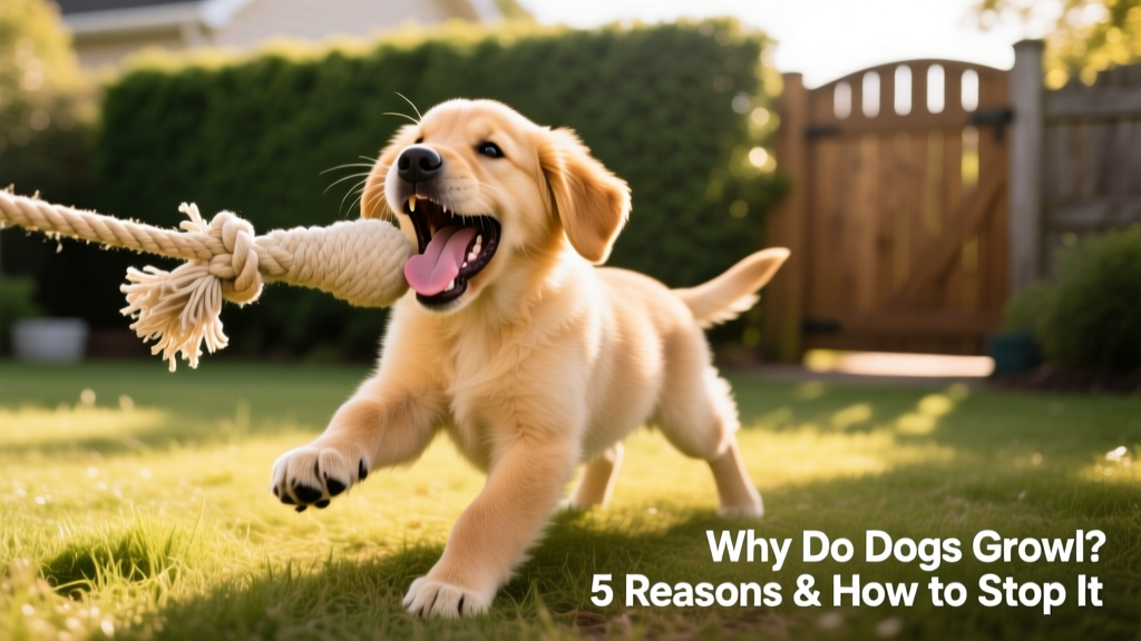 A playful puppy mid-tug-of-war with a rope toy, mouth open in an excited growl