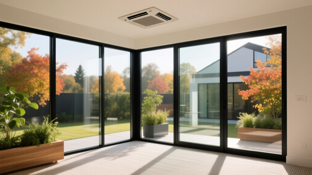 Four-season sunroom with black aluminum framing, triple-pane Low-E glass, and a ductless mini-split HVAC unit on drywall
