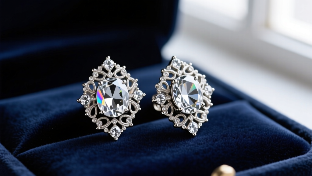 Macro view of vintage Eisenberg rhinestone earrings on dark velvet, displaying silver-tone metalwork and sparkling clear stones.