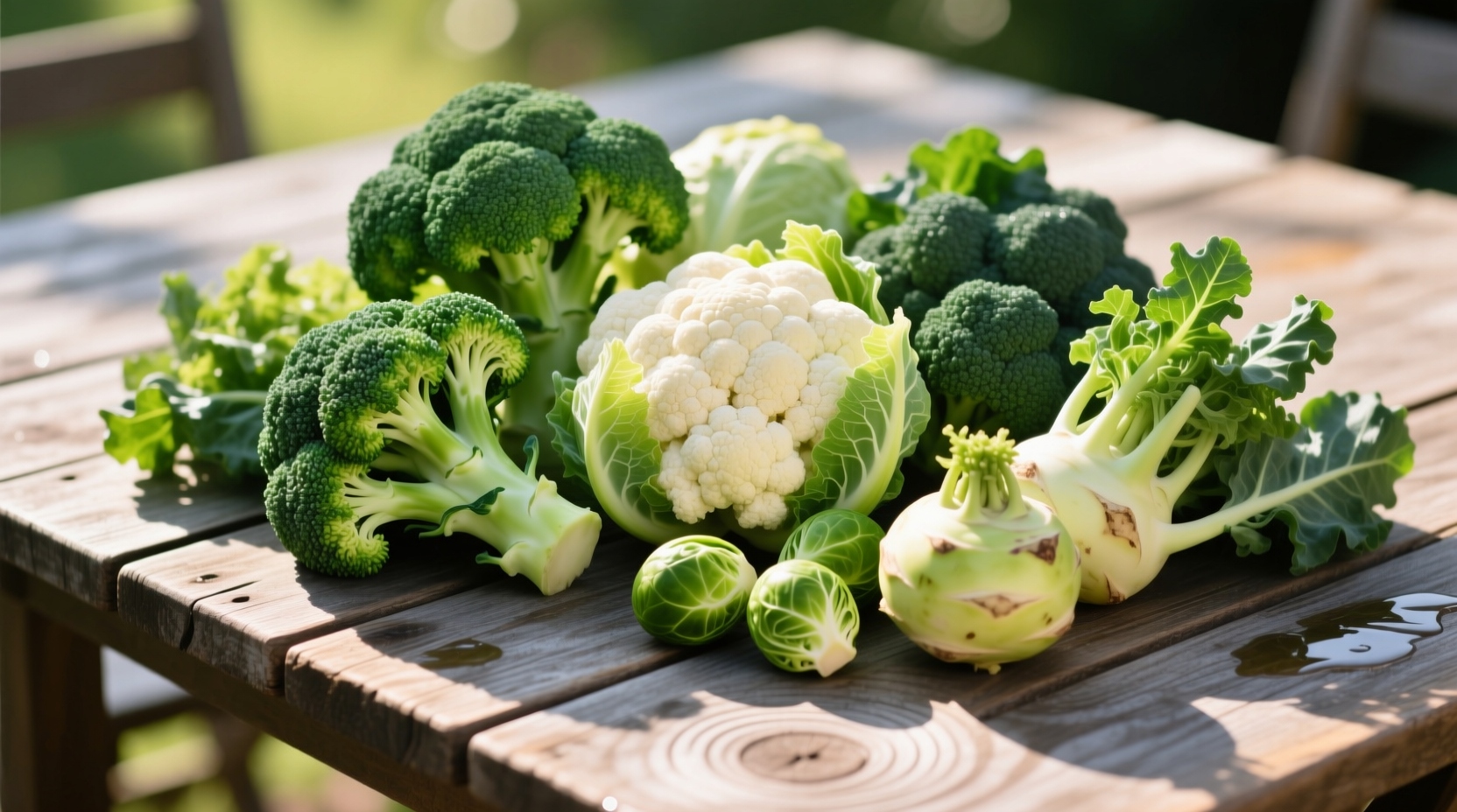 Colorful array of cruciferous vegetables on wooden table