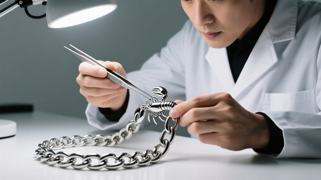 Jeweler using tweezers to fix a heavy sterling silver lobster clasp on a thick rolo chain under a bright jewelry bench light