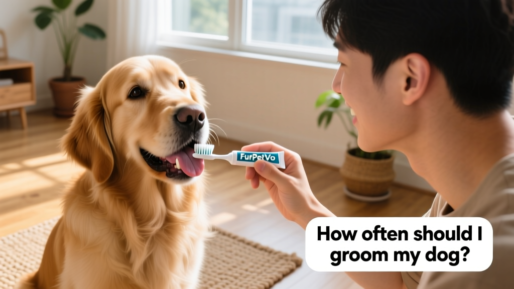 A person carefully brushing a dog's teeth with a soft-bristled pet toothbrush and FurPetVo toothpaste