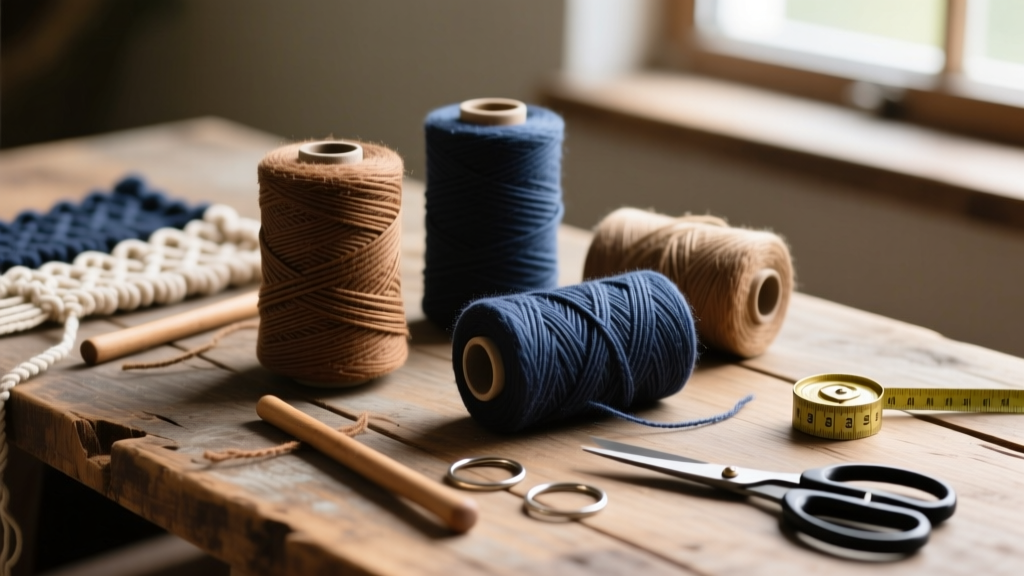 Close-up of natural hemp cord spools in earthy brown and indigo resting on a rustic wooden desk with macrame tools.