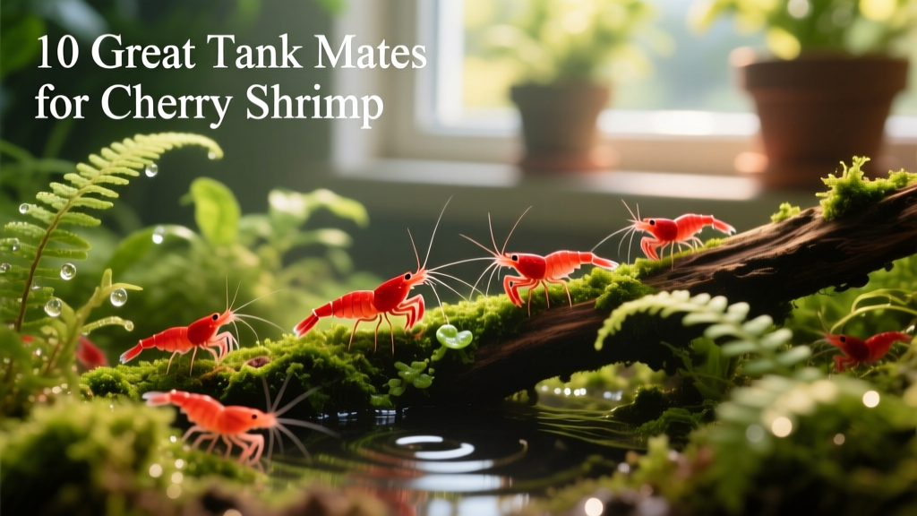 A vibrant, densely planted nano aquarium with several red cherry shrimp grazing on moss-covered driftwood
