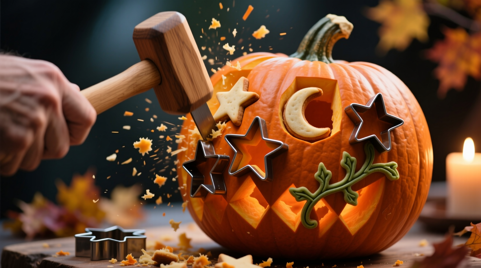 carve pumpkins with cookie cutters and a mallet