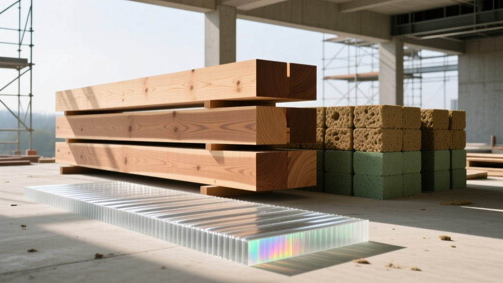 Modern construction site featuring cross-laminated timber beams, stacked hempcrete blocks, and thin aerogel insulation panels