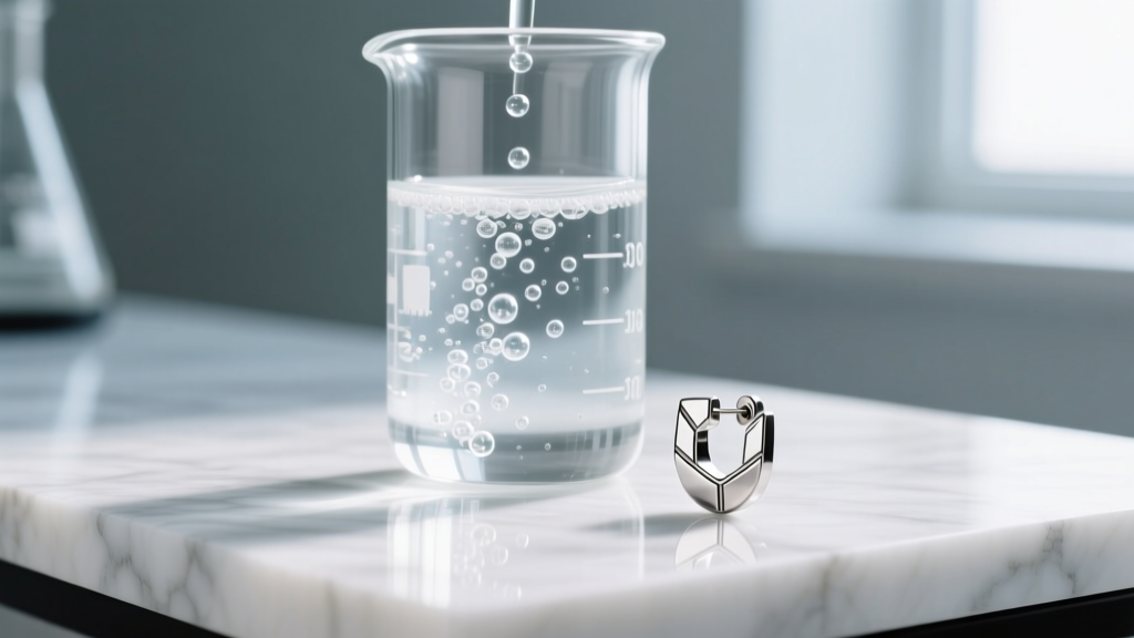 Clear glass beaker of bubbling hydrogen peroxide submerging polished titanium labret earrings on a bright white marble surface.