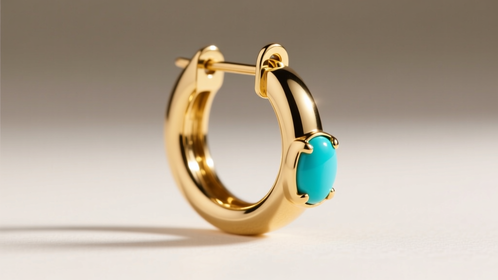 Side profile of a 16-gauge hinged gold hoop earring with a turquoise charm, highlighting the secure snap clasp and polished finish.
