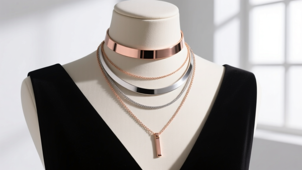 Close-up of layered necklaces on a mannequin with a shallow v-neckline, featuring a 16-inch choker and a 20-inch lariat chain.