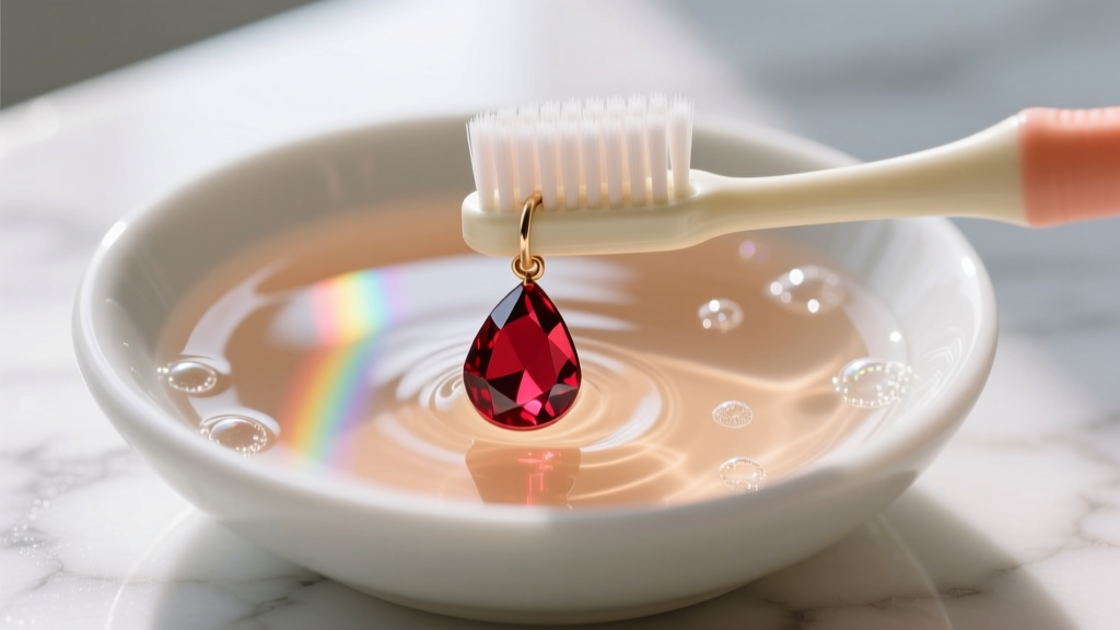 A soft-bristled baby toothbrush gently scrubbing a faceted red garnet drop earring submerged in a bowl of warm soapy water.