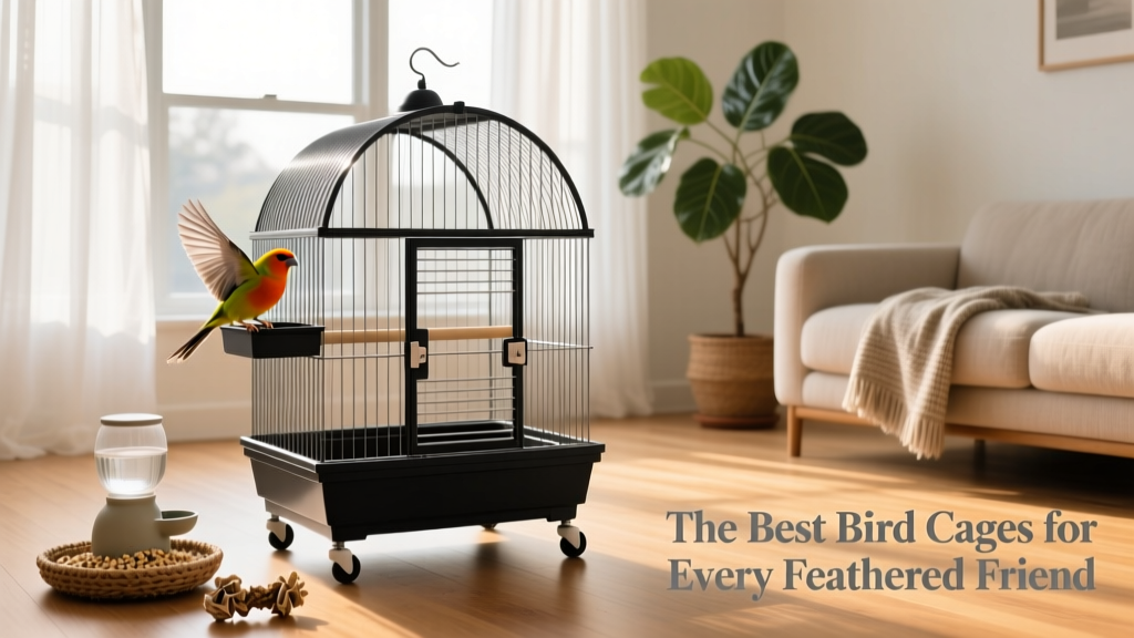 A sleek black bird cage with a playtop and rolling stand in a bright, airy living room setting