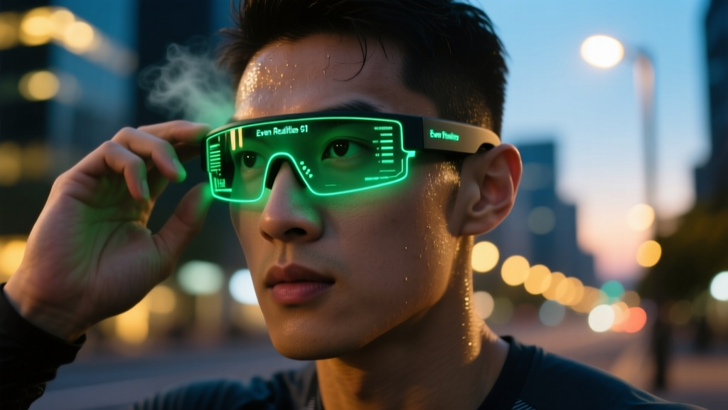 Close-up of a runner adjusting Even Realities G1 smart glasses, with a subtle green micro-LED HUD reflecting in the lens at night.