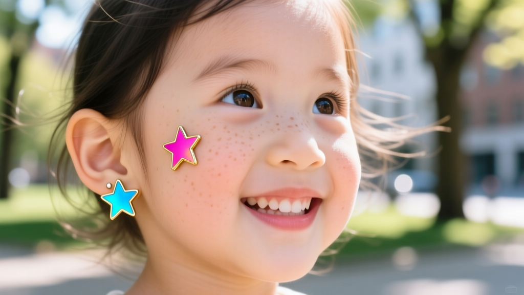 Close-up of a child wearing colorful, lightweight star-shaped sticker earrings on unpierced earlobes in bright natural daylight
