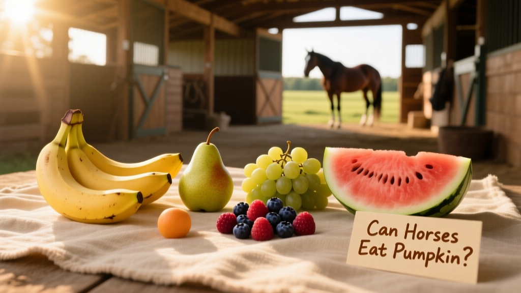 A variety of safe fruits for horses arranged on a clean tarp: bananas, pears, grapes, berries, and watermelon slices
