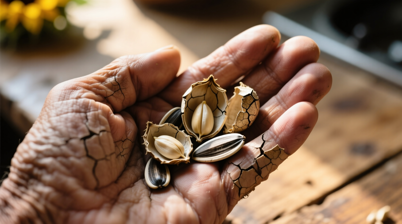 Hand holding sunflower seeds with cracked shells