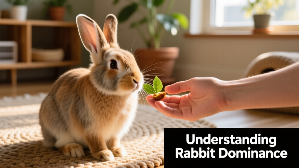 A rabbit calmly sitting beside a human hand offering a treat, demonstrating relaxed, trusting interaction