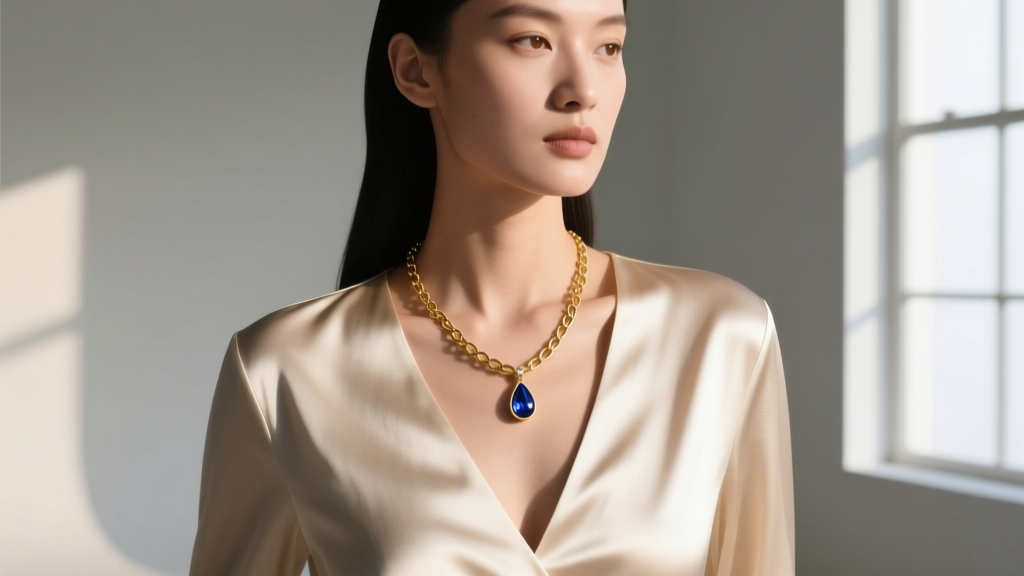 V-neck silk blouse paired with a 16-inch gold lariat necklace featuring a small teardrop sapphire pendant at the center drop