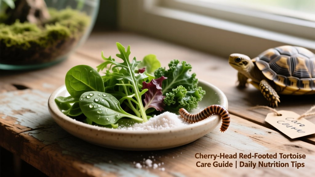 Shallow feeding dish with mixed greens, a small portion of earthworms, and a sprinkle of calcium supplement