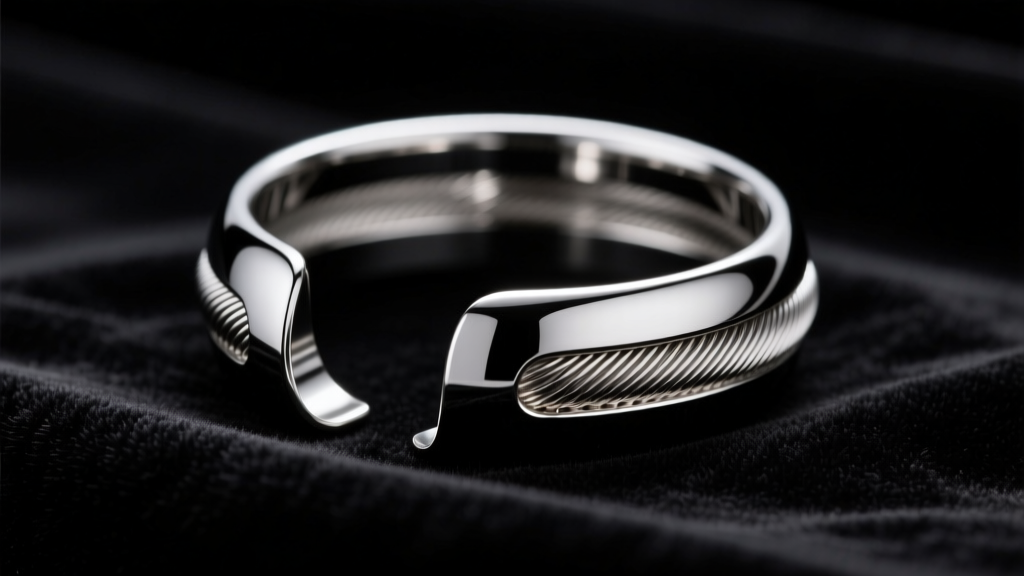 Macro shot of a titanium cartilage cuff on dark velvet showing its mirror polish and precise wire gauge under focused studio lighting.