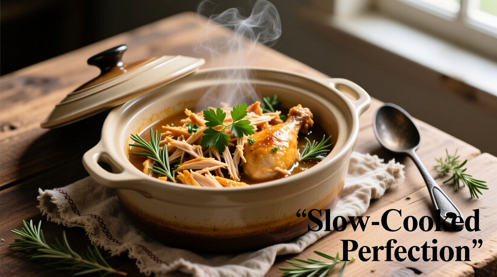 Perfectly cooked shredded chicken in crockpot with herbs