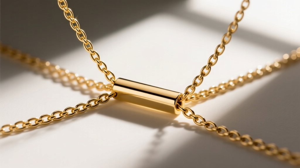 Close-up of a gold spacer bar connecting three delicate necklace chains, showing precise soldering and a smooth polished finish.