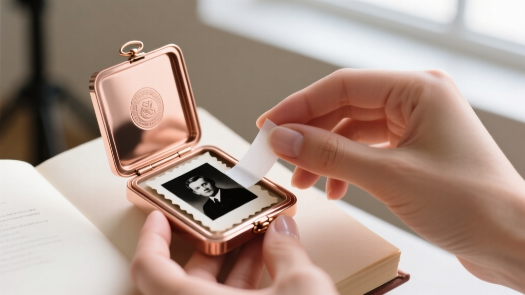 Hands using acid-free archival tape to carefully secure a small black-and-white portrait inside an open rose gold book locket