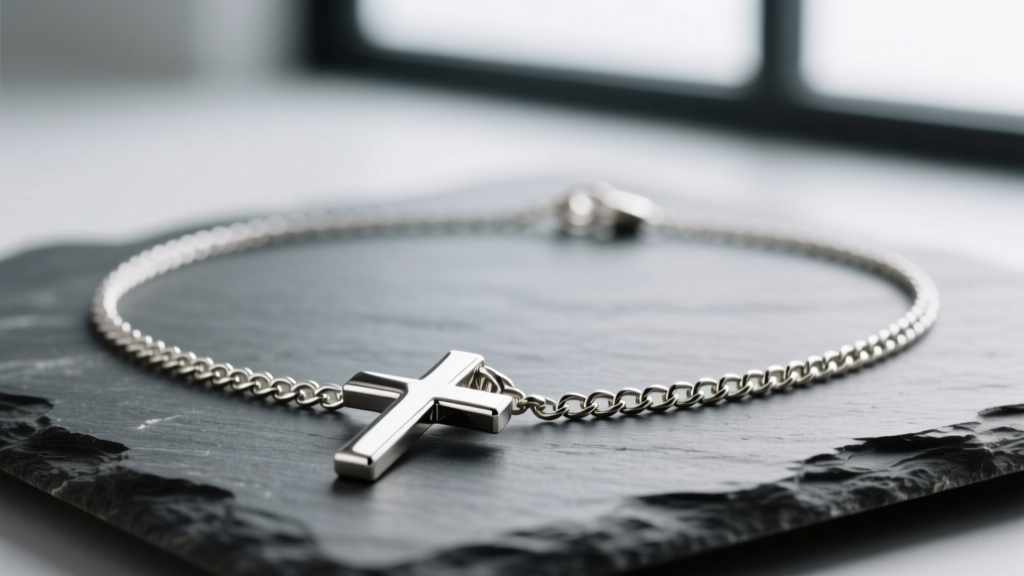 Macro shot of an 18 inch cross necklace on slate, showing 1.5mm curb chain links and a polished platinum cross pendant.