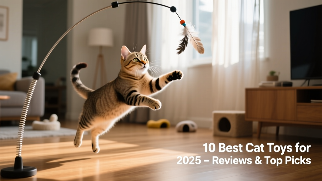 A playful cat mid-leap, batting at a dangling feather toy attached to a spring pole