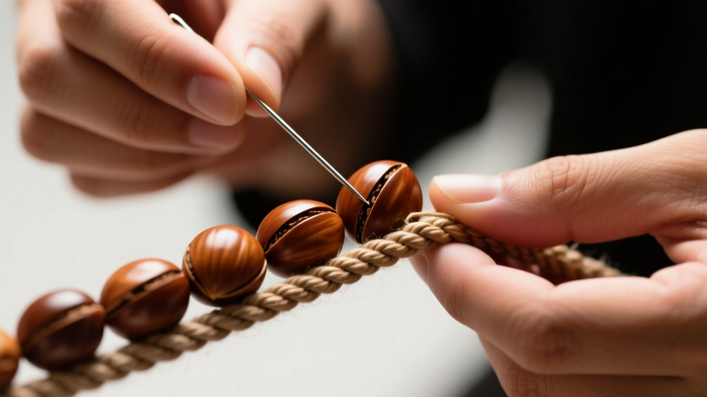 Close-up of hands using a flexible needle to restring polished brown kukui nuts onto heavy-duty braided nylon jewelry cord.