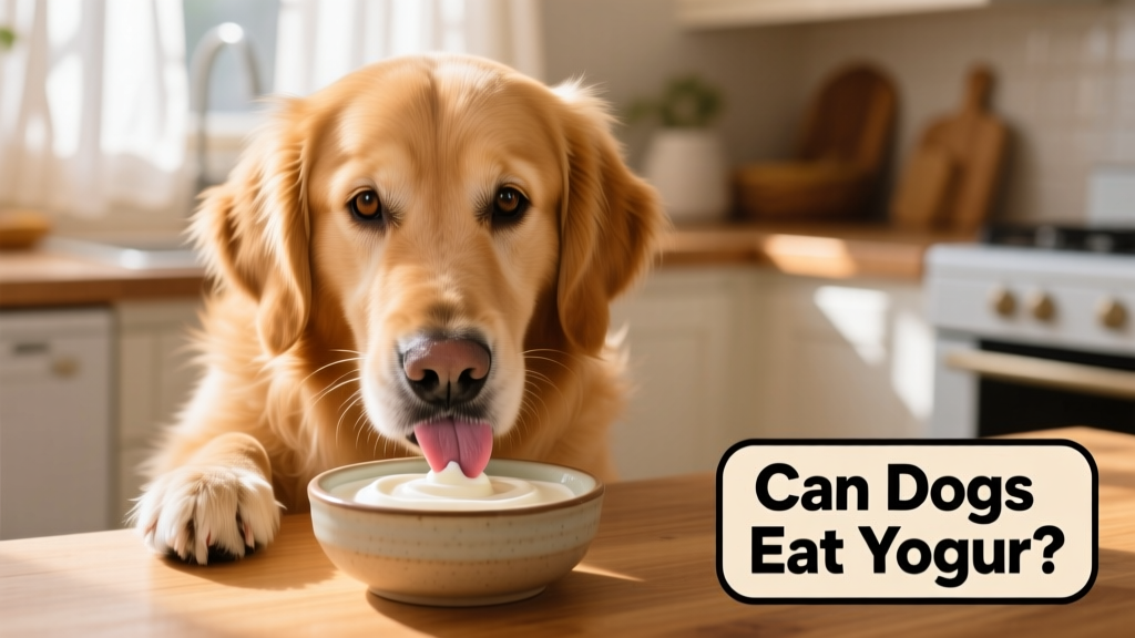 A golden retriever gently licking plain yogurt from a small bowl