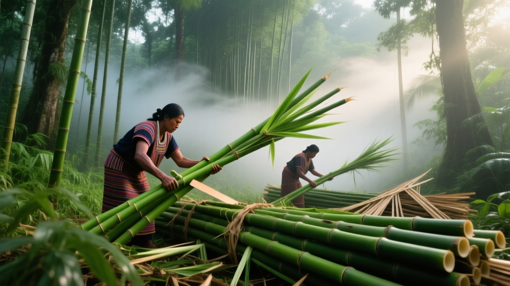 Workers harvesting mature Guadua bamboo in a misty tropical forest, preparing long green culms for a wind-resistant structural build