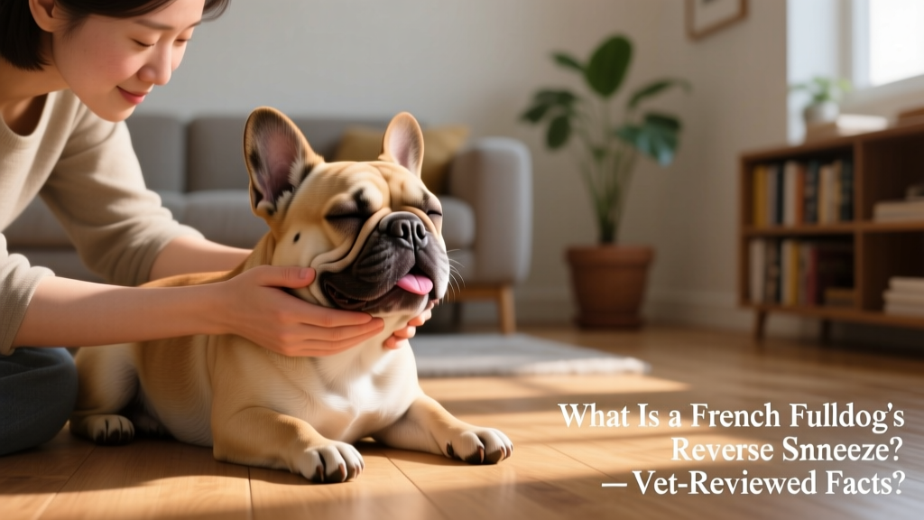 French Bulldog owner calmly holding their dog’s muzzle gently while the dog relaxes post-reverse sneeze, both appearing calm and connected